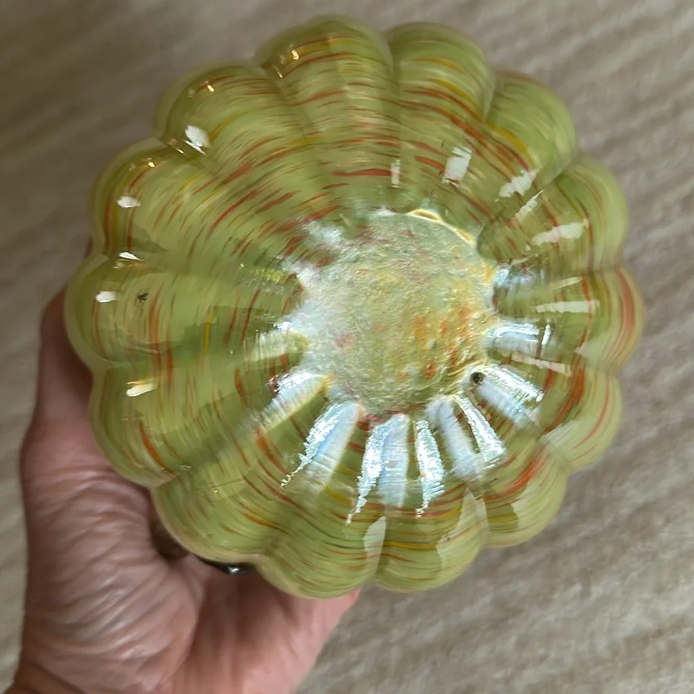 Hand Blown Art Glass Pumpkin Green Orange Flecks Twisted Reeded Clear Stem 5”x4”